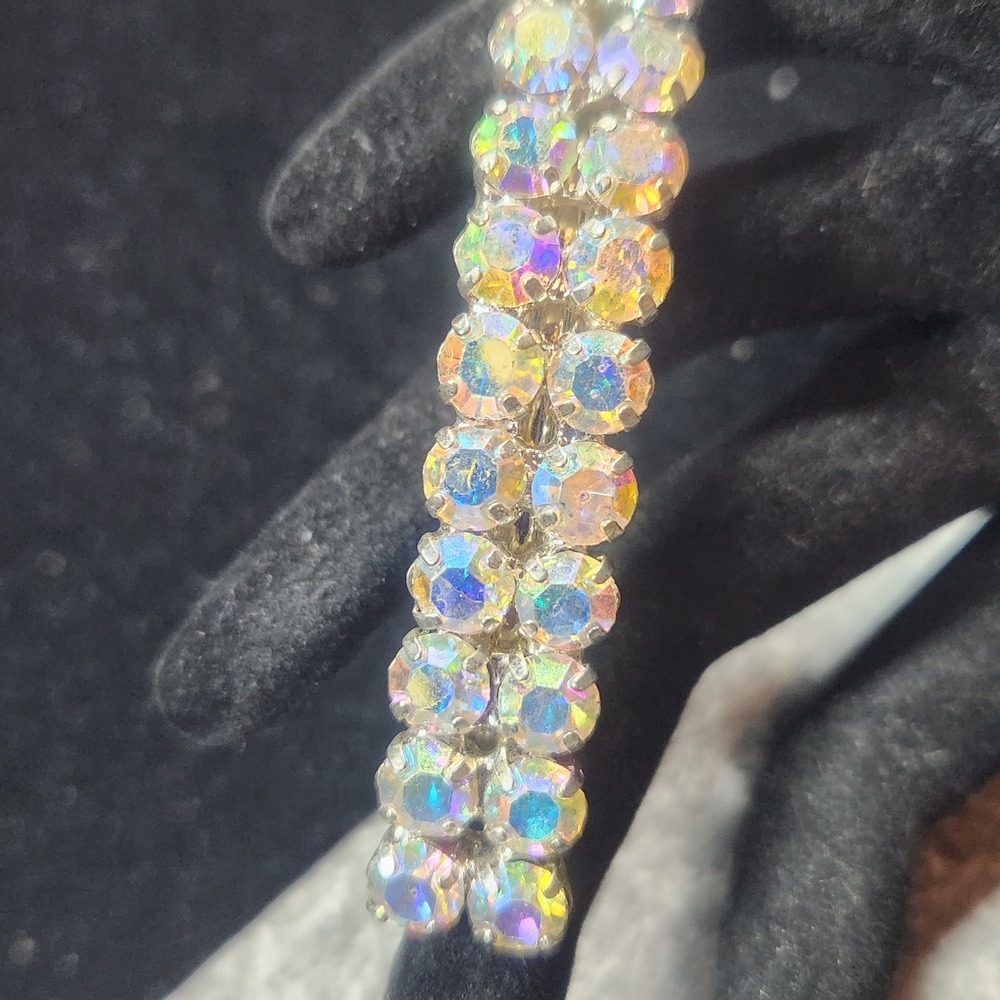 Vintage Aurora Borealis AB Rhinestone Hair Barrette Silver Tone French Clip